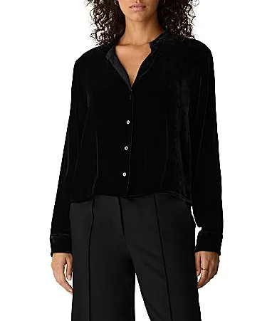 Mandarin Collar Long Sleeve Button-Front Velvet Shirt by Eileen Fisher