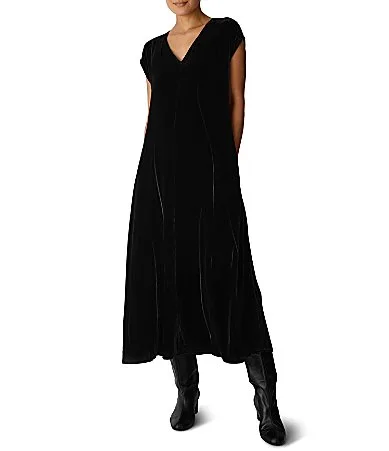 Velvet V-Neck Cap Sleeve A-Line Midi Dress by Eileen Fisher