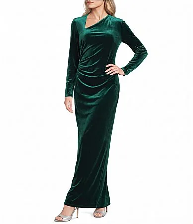 Stretch Velvet Asymmetrical Neck Long-Sleeve Gown by Ralph Lauren