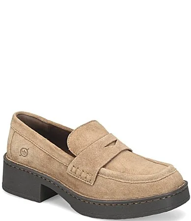 Faythe Suede Block Heel Platform Penny Loafers by Born