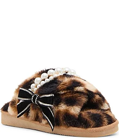 Cozyy Leopard Faux Fur Pearl Embellished Slippers by Betsey Johnson