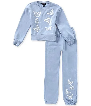 Long Sleeve Butterfly Graphic Fleece Sweatshirt Matching Fleece Jogger Pants Set by In Girl