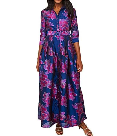 Ceceilia Organza Floral Print Collared Neckline 3/4 Button Cuff Sleeve A-Line Gown by Abbey Glass