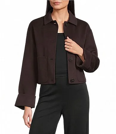 Double-Sided Wool Point Collar Long Sleeve Button-Front Short Jacket by Marella