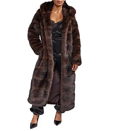 Emmera-Chocolate Hooded Faux Fur Trench Coat by Azalea Wang