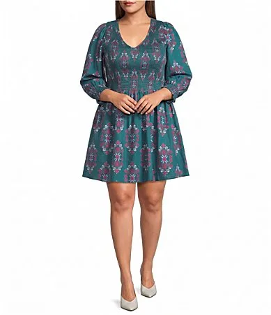 Isme Smocked Floral Print V-Neck Long Sleeve Mini Dress by Sugarlips