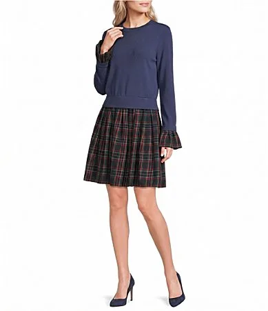 Emily Mix Media Plaid Print Round Neck Long Sleeve Mini Sweater Dress by Sugarlips