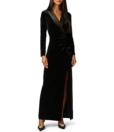Long Sleeve Tuxedo Neck Velvet Dress by Adrianna Papell