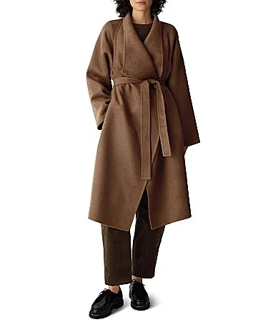 Lustrous Wool Drape Neck Long Sleeve Belted Long Coat