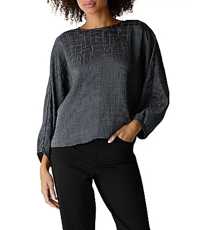 Dimensional Silk Jacquard Round Neck 3/4 Sleeve Top by Eileen Fisher