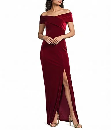 Stretch Velvet Crisscross Off the Shoulder Short Sleeve Long Gown by Ralph Lauren