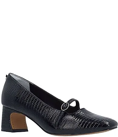 Kavira Lizard Embossed Mary Jane Square Toe Block Heel Pumps