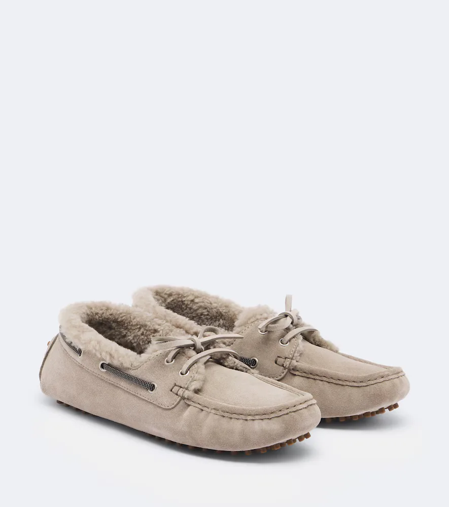 Monili Shearling-Lined Suede Boat Shoes by Brunello Cucinelli