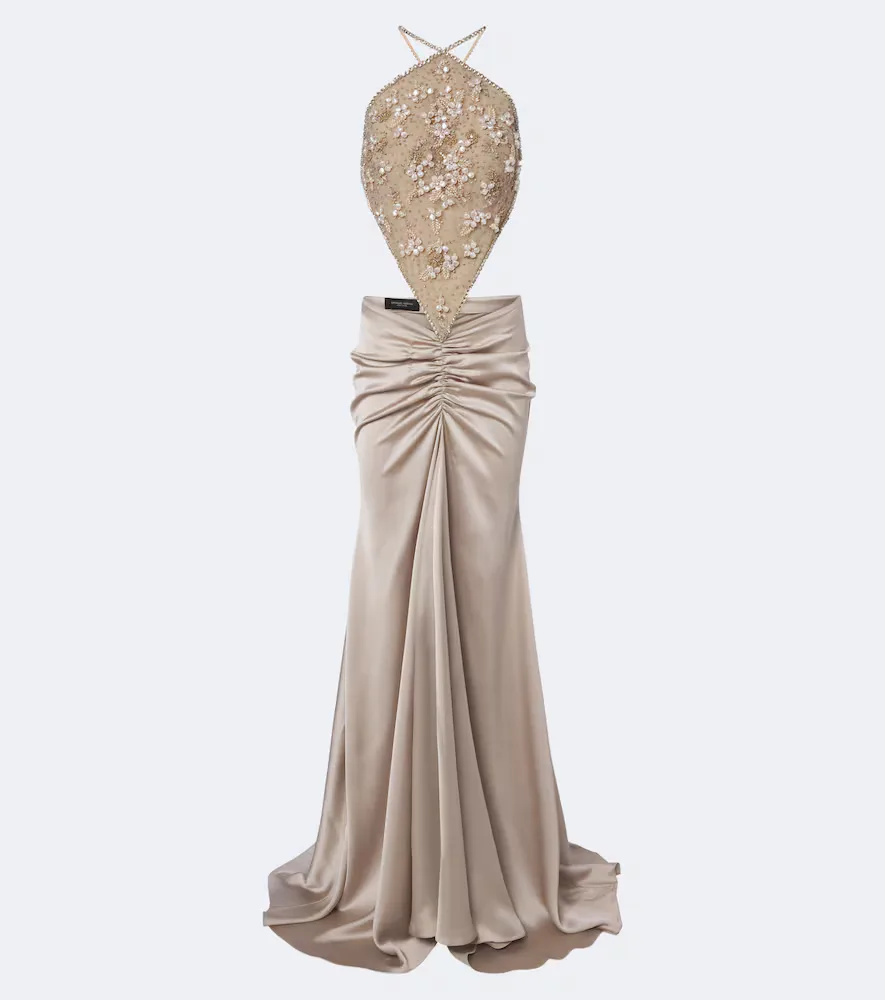 Embellished Gathered Open-Back Satin Gown by Georges Hobeika