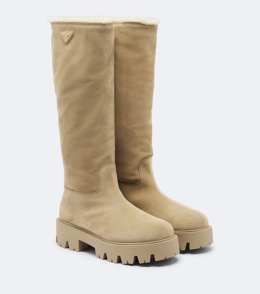 Shearling-Lined Suede Knee-High Boots by Prada