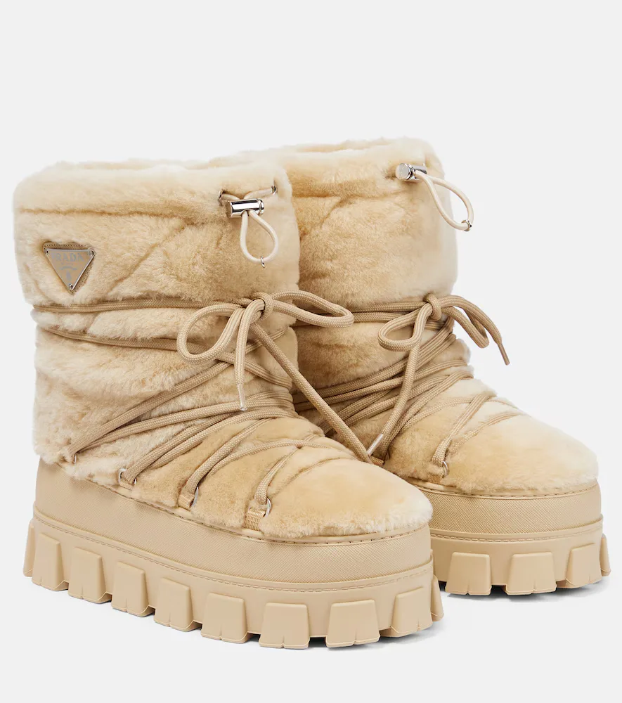 Shearling and Leather Snow Boots by Prada