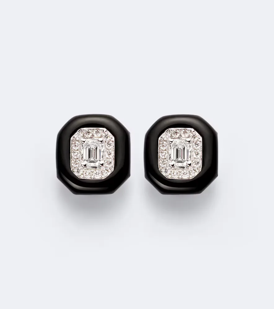 Oui 18kt White Gold and Enamel Earrings with Diamonds
