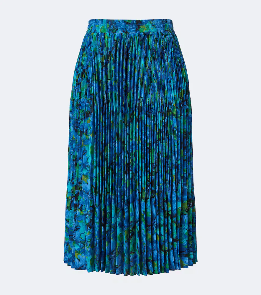 Floral Pleated Silk Crepe De Chine Midi Skirt