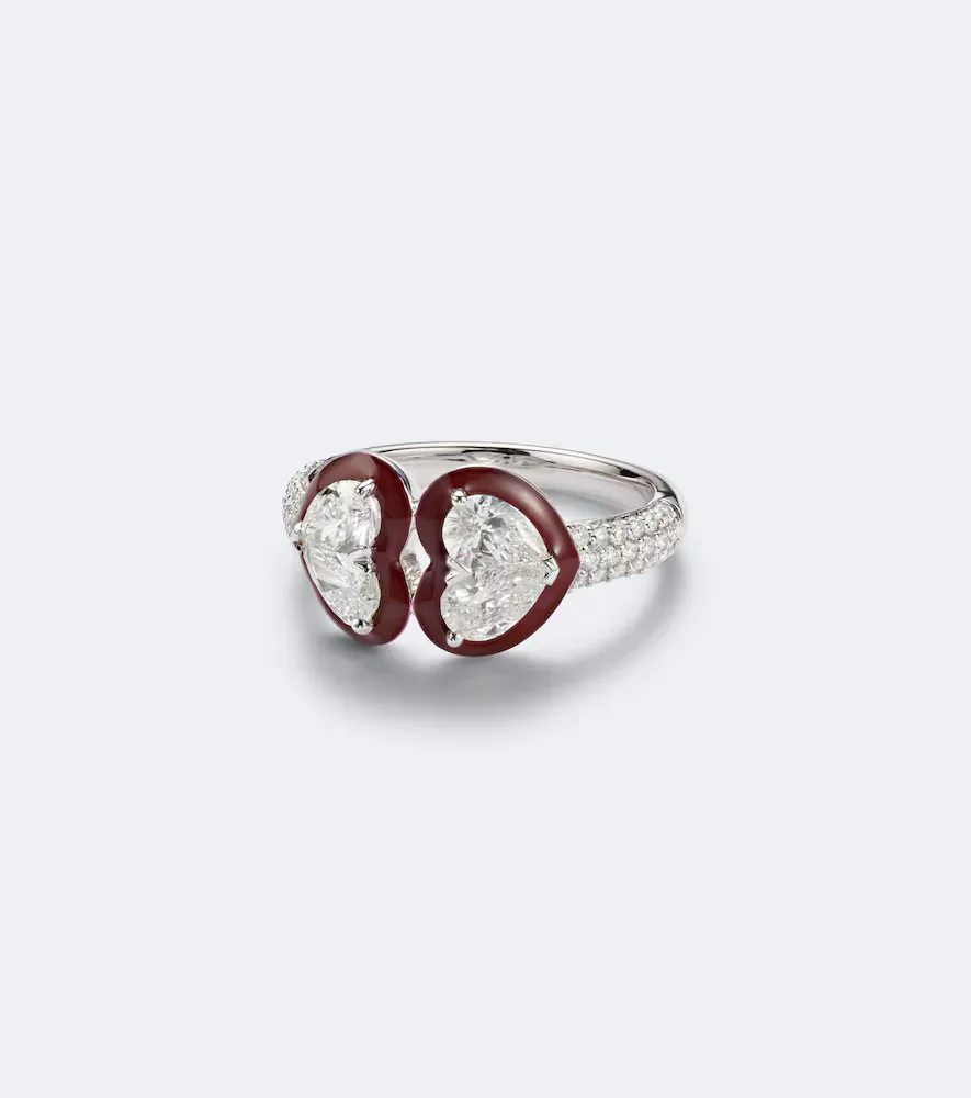 Twin Heart 18kt White Gold and Enamel Ring with Diamonds by Kamyen