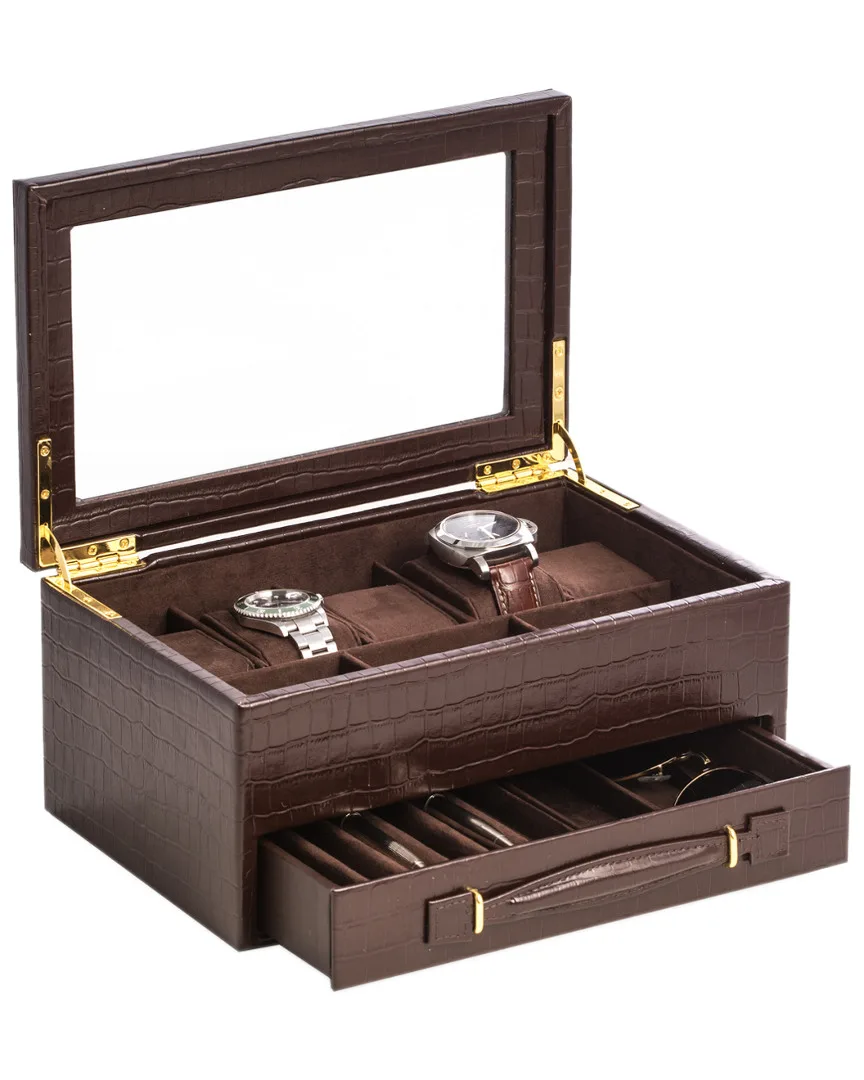 Leather Croco 5-Watch Box with Drawer by Bey Berk