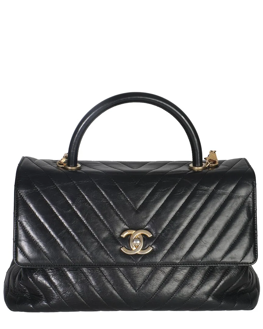 Black Chevron Aged Calfskin Large Coco Top Handle Bag (authentic Pre-Loved) by CHANEL