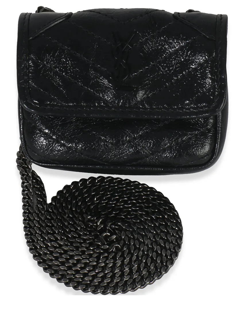 Black Leather Crinkled Matelass Micro Niki Airpods Case (authentic Pre-Loved) by Saint Laurent
