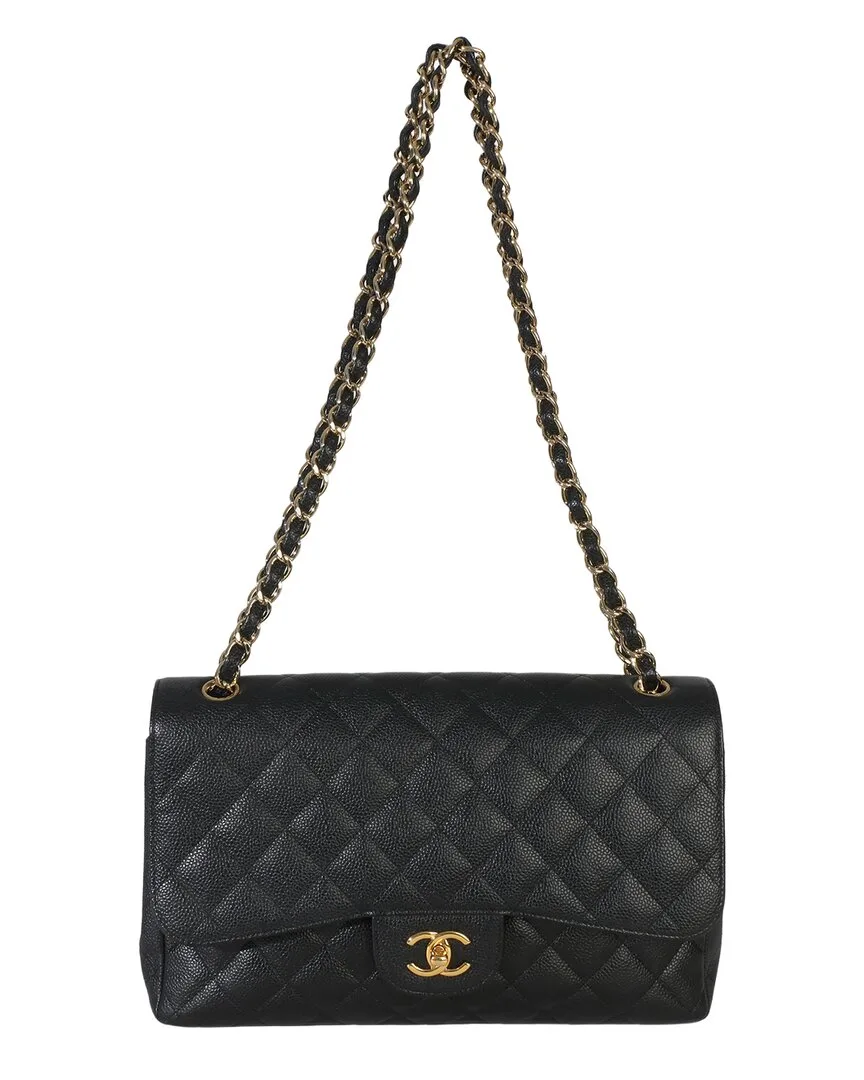 Black Leather Quilted Caviar Jumbo Double Flap Handbag (authentic Pre-Loved) by CHANEL