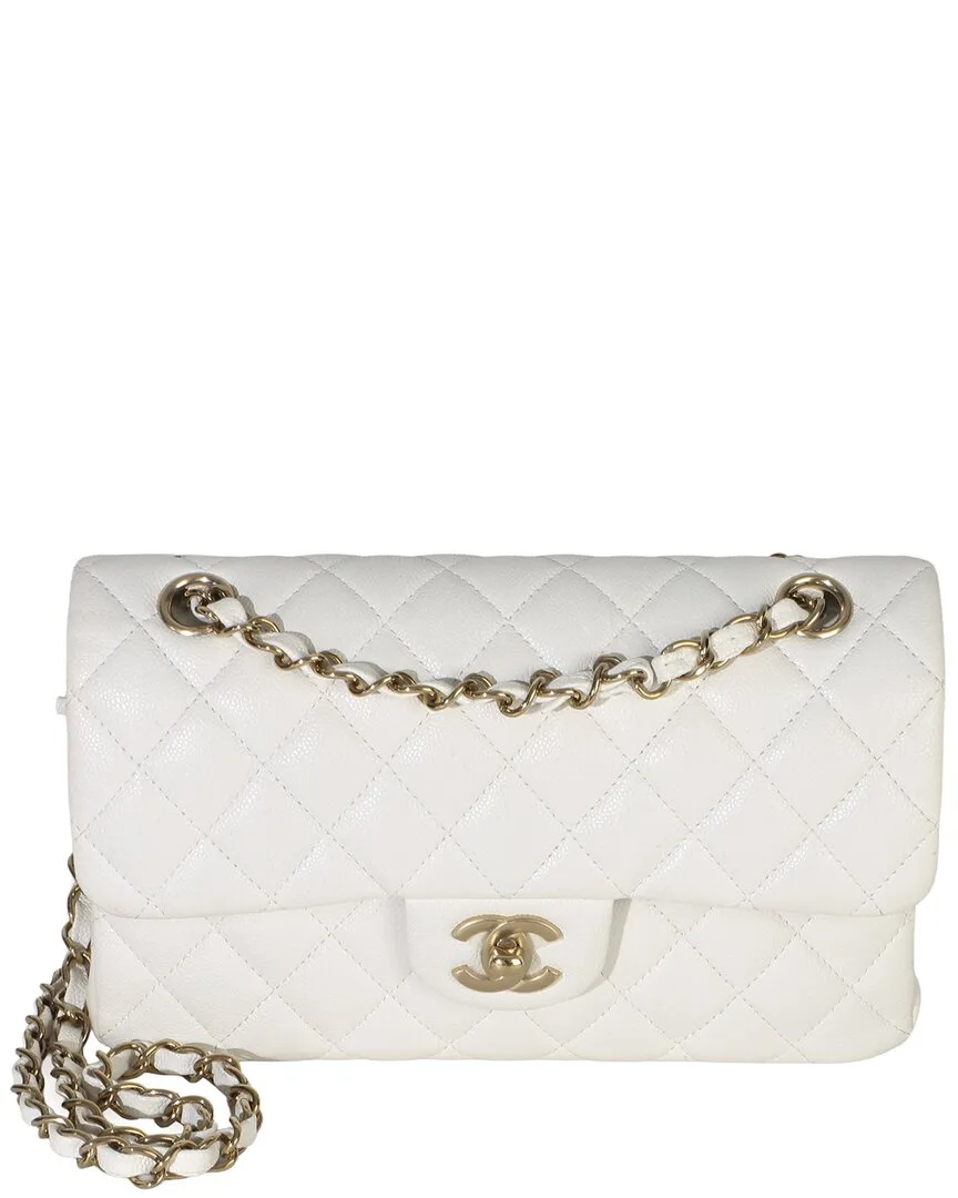 White Leather Quilted Caviar Small Classic Double Flap Handbag (authentic Pre-Loved)