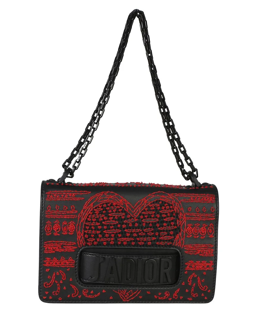 Black Leather Embroidered Heart Clover Beaded Jadior Chain Flap Bag (authentic Pre-Loved) by Dior