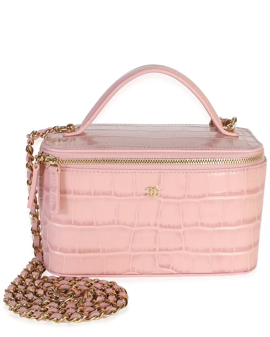 Pink Croc-Embossed Calfskin Vanity with Chain (authentic Pre-Loved) by CHANEL