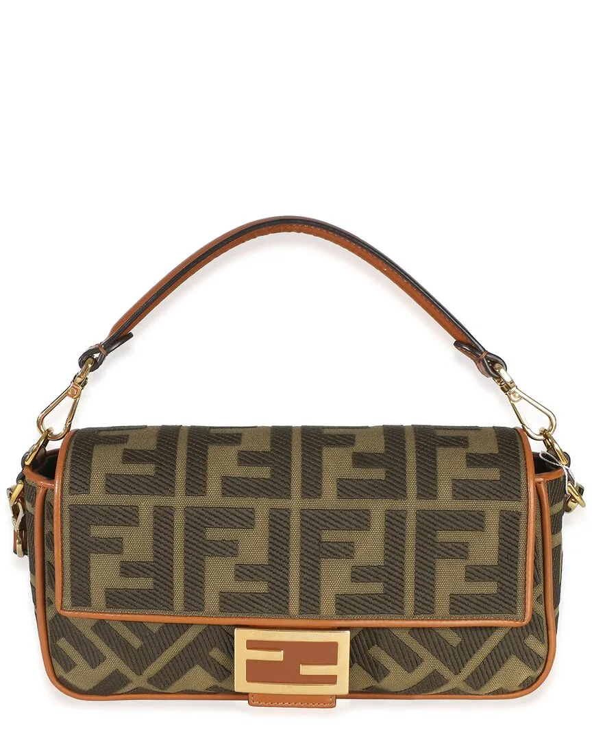 Brown & Green Ff Embroidery Canvas Medium Baguette Bag (authentic Pre-Loved) by FENDI
