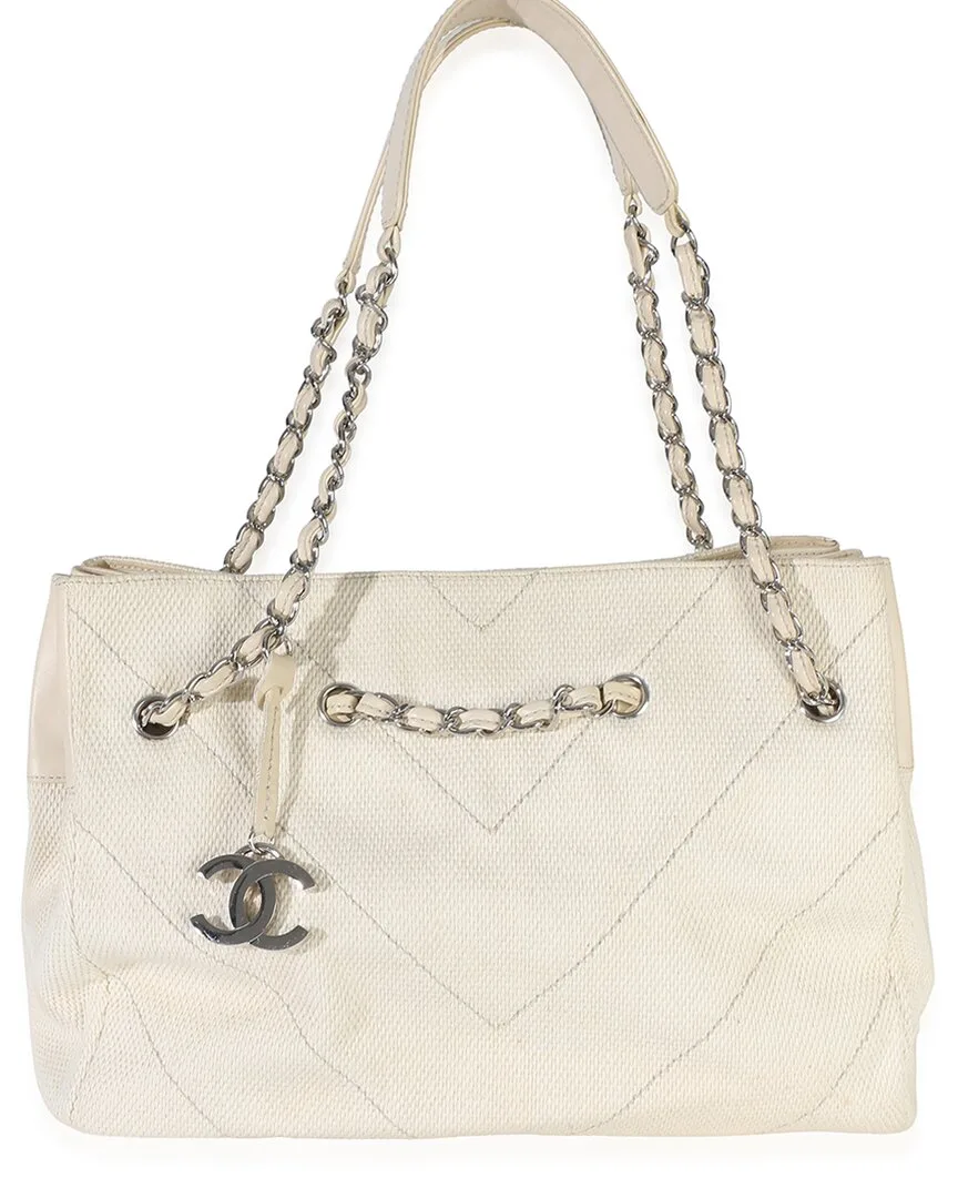Beige Chevron Canvas Cc Tote (authentic Pre-Loved) by CHANEL
