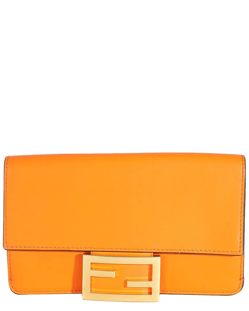 Orange Calfskin Mini Flat Baguette with Brown Strap You Strap (authentic Pre-Loved) by FENDI