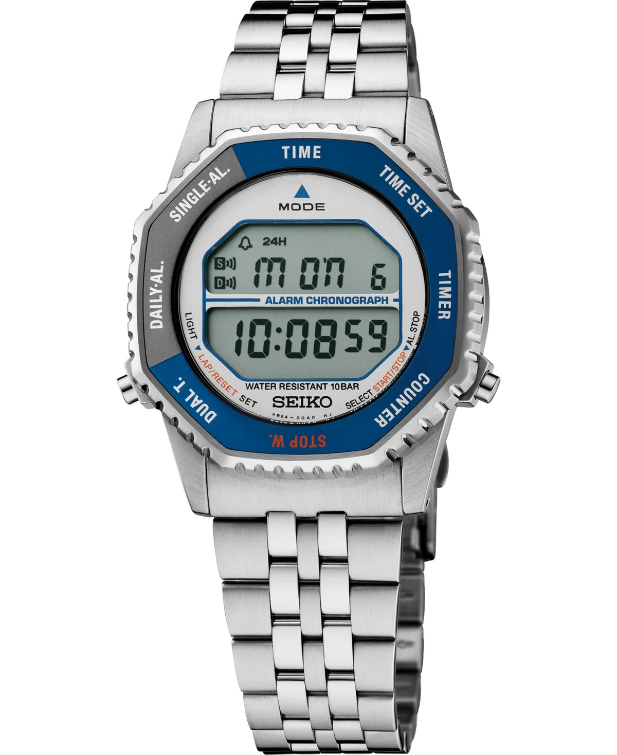 Retro Digital Rotocall Silver-Tone Stainless Steel Watch 37mm by Seiko