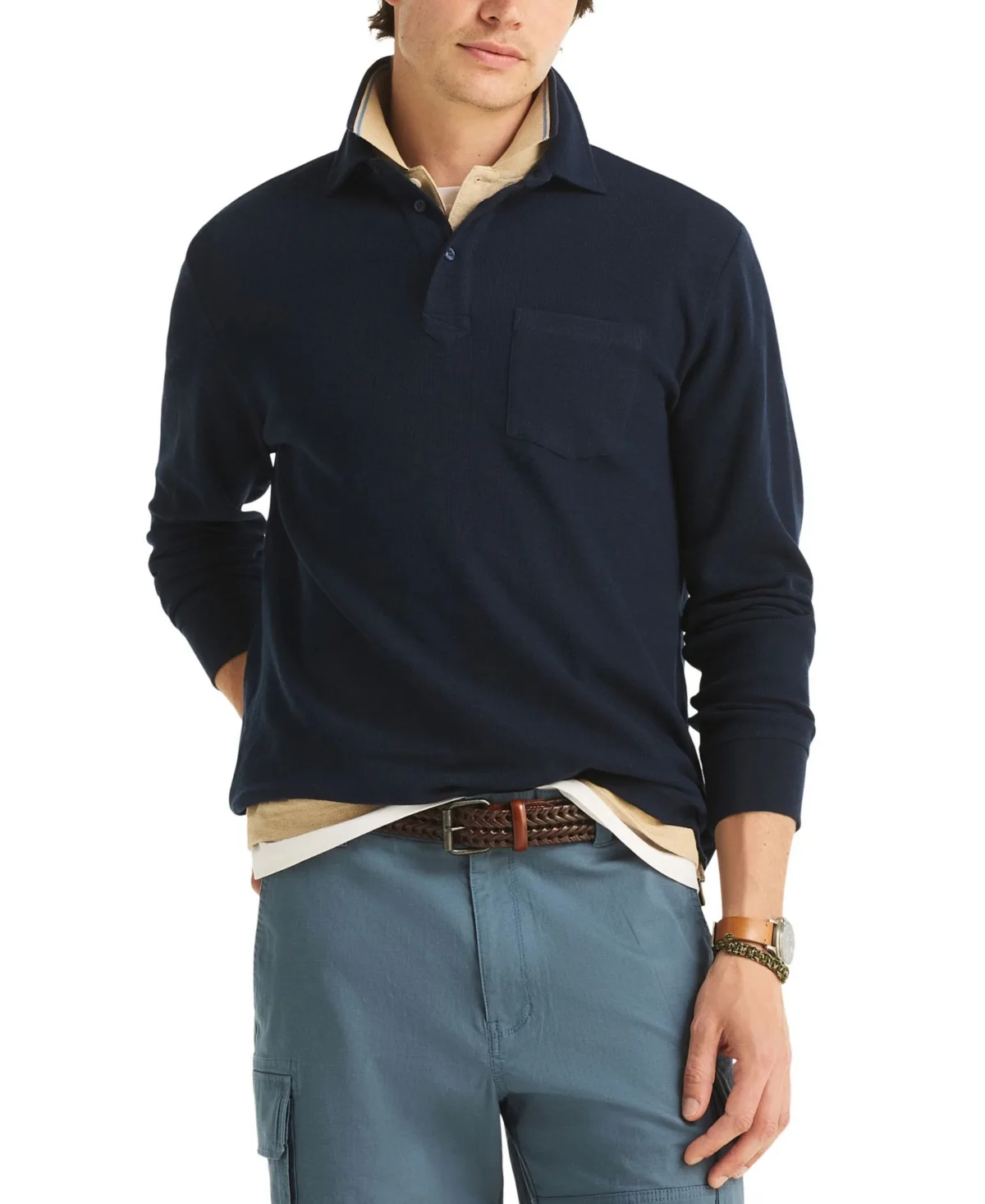 Waffle Knit Cotton Blend Long-Sleeve Polo Shirt by Nautica