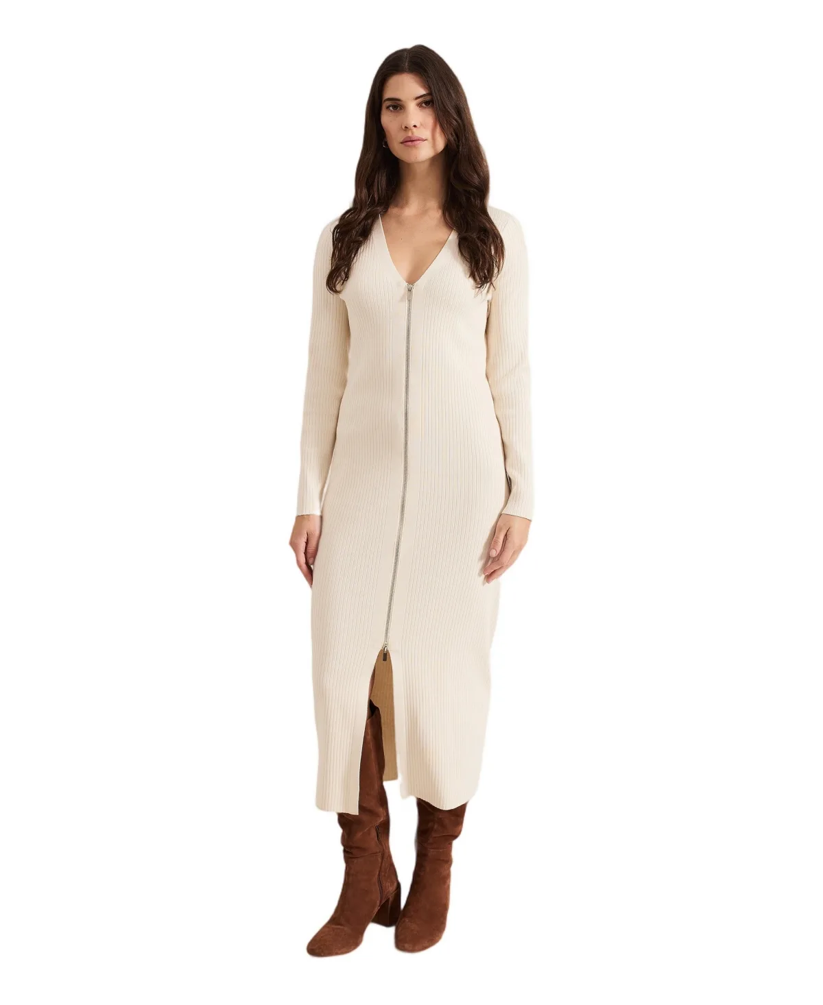 Ella Ribbed-Knit Long-Sleeve V-Neck Dress by Phase Eight