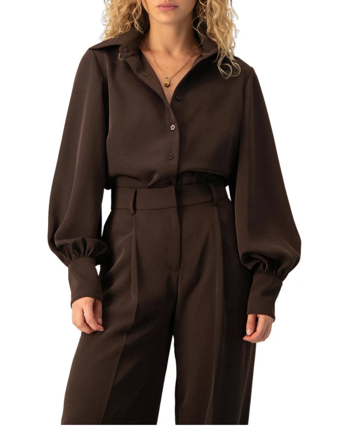 Long-Sleeve Puff-Sleeve Point-Collar Button-Front Shirt