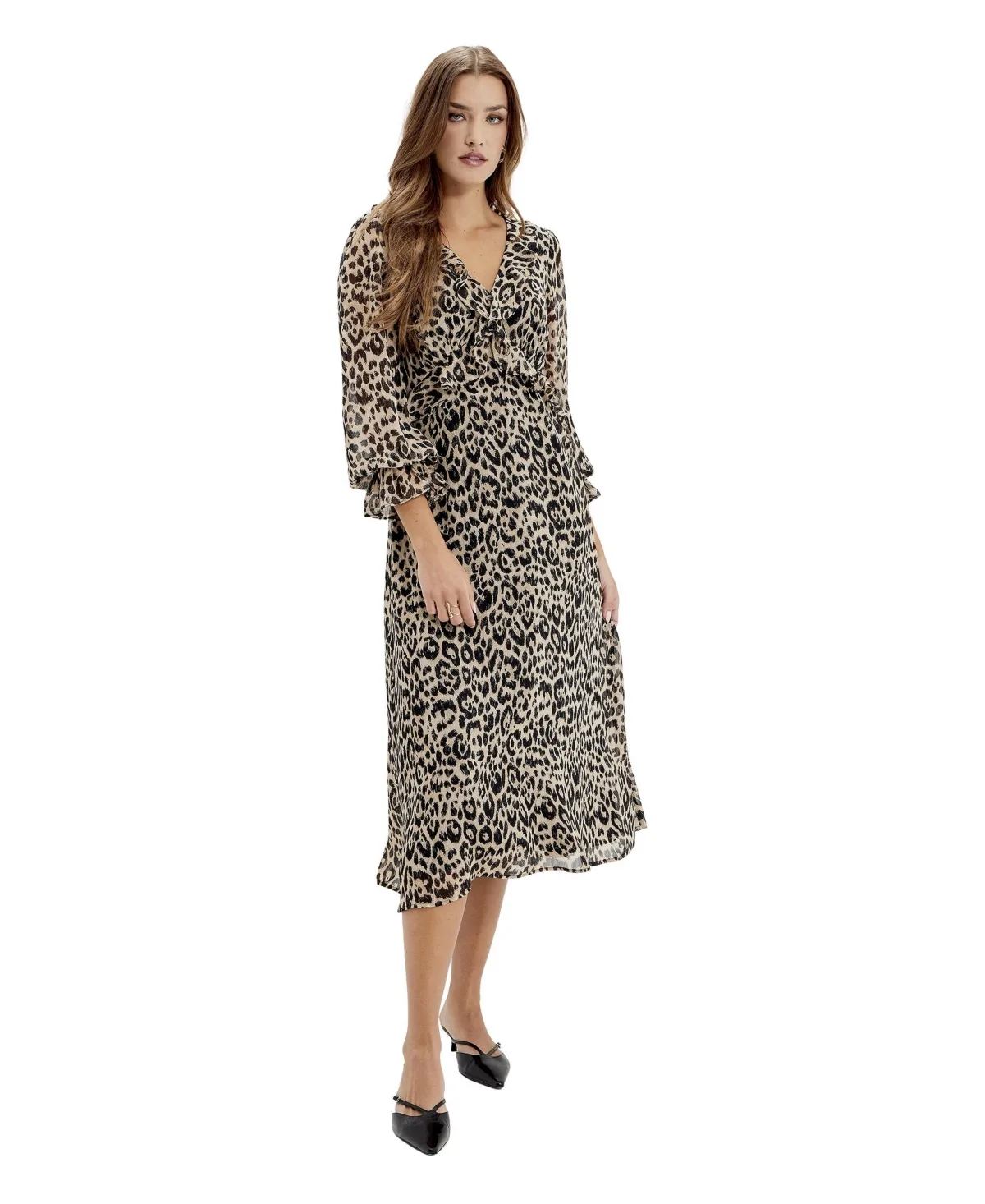 Veronica Animal-Print Empire-Waist Ruffle Midi Dress