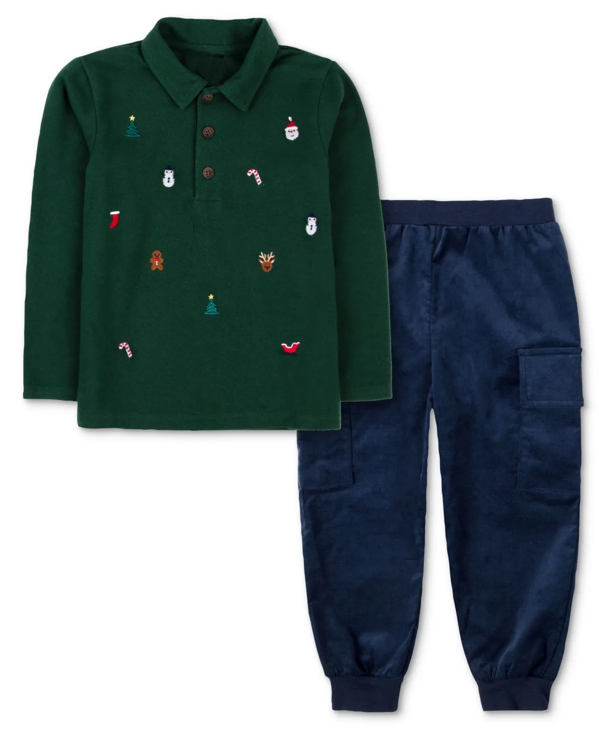 Long-Sleeve Christmas-Themed Polo Shirt and Cargo Jogger Pants, 2-Piece Set by Baby Essentials