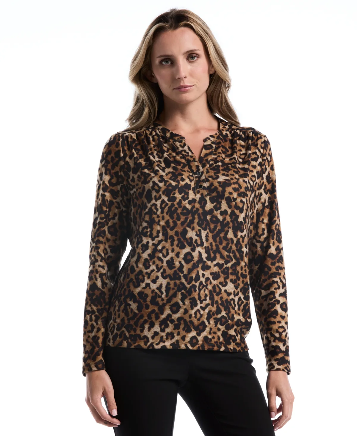 Leopard-Print Split-Neck Long-Sleeve Blouse by Rafaella
