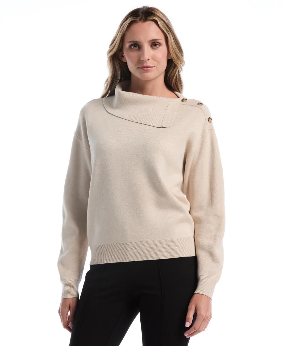 Split-Neck Long-Sleeve Pullover Sweater by Rafaella