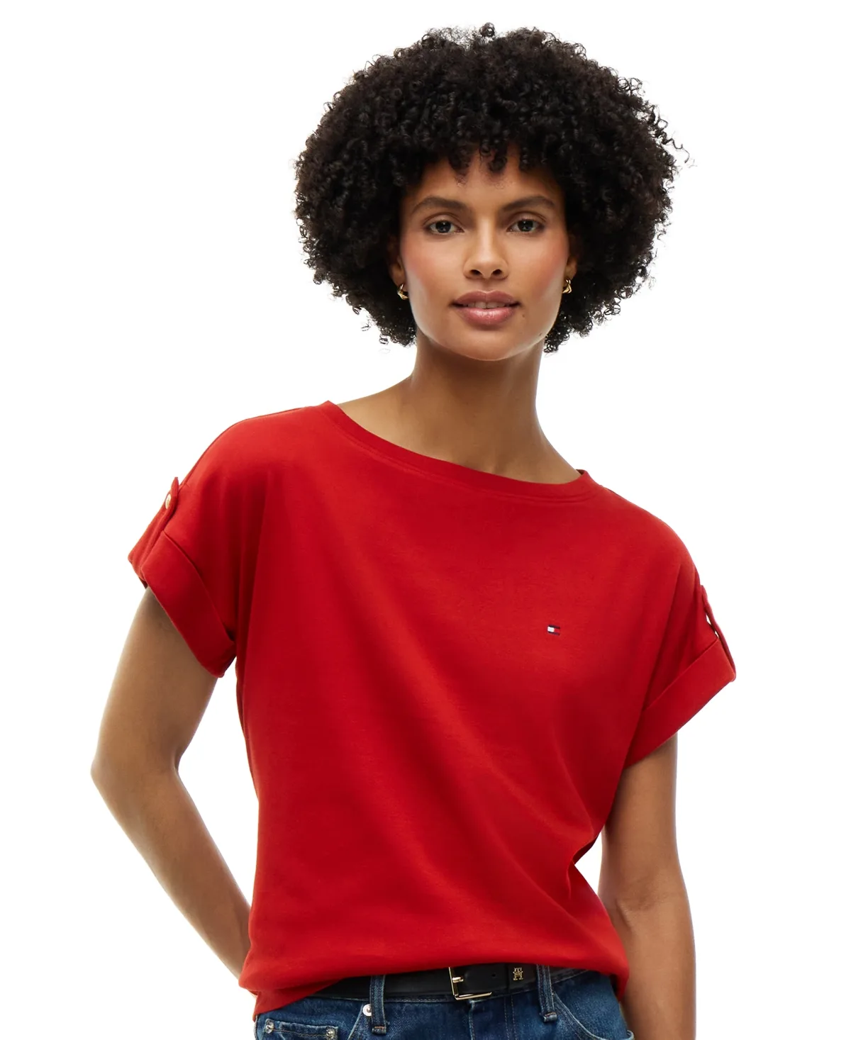 Breton-Stripe Boat-Neck Gold-Tone Button T-Shirt by Tommy Hilfiger