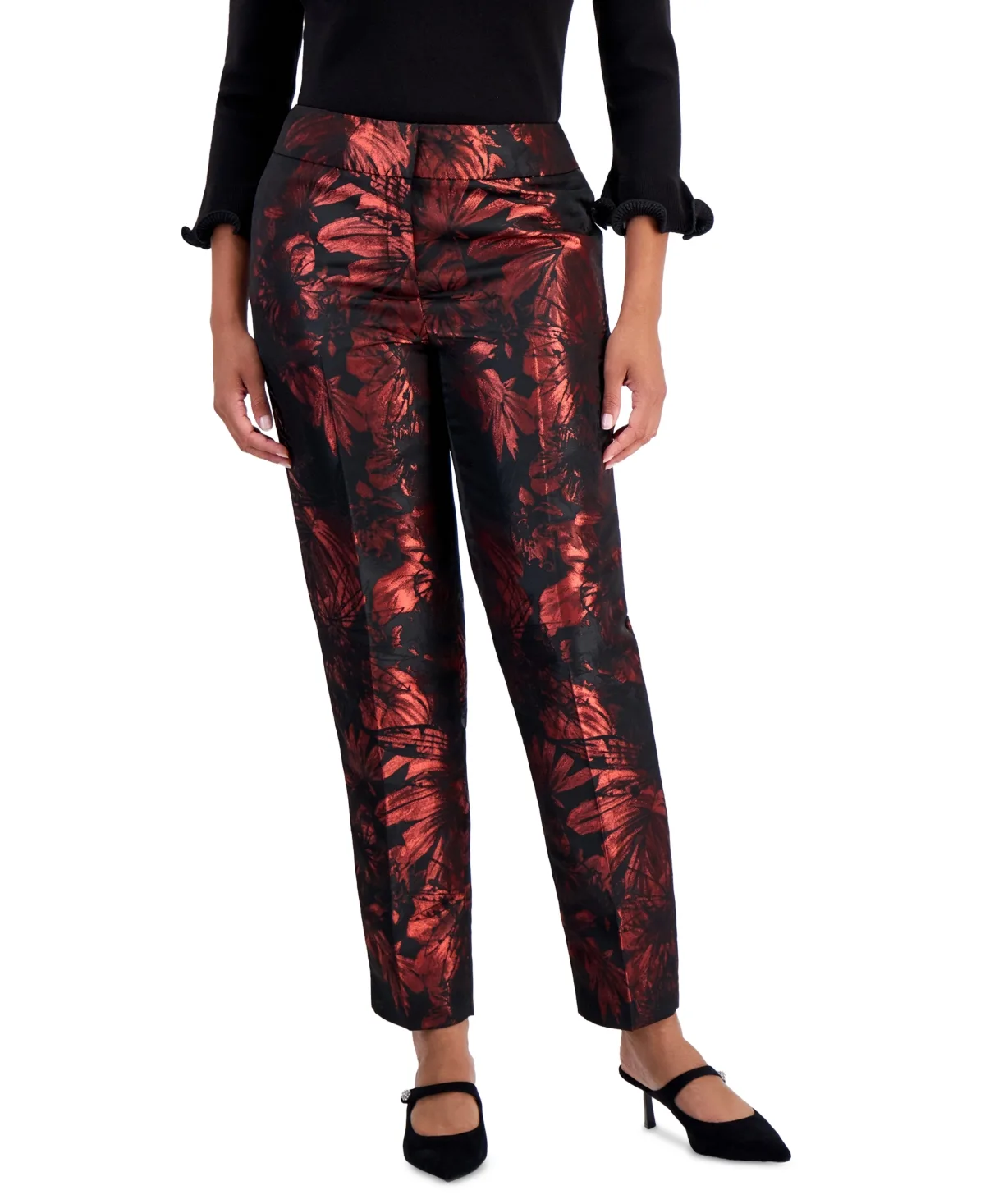 Fly Front Slim Pant Metallic Floral Straight by Kasper