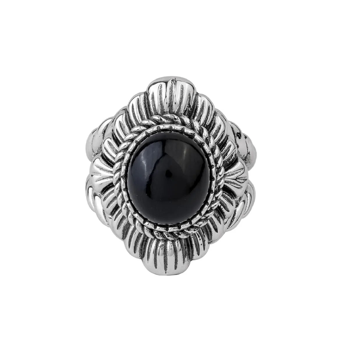 Sterling Silver Black Agate Oval-Cut Rope Scallop Design Ring by American West Jewelry