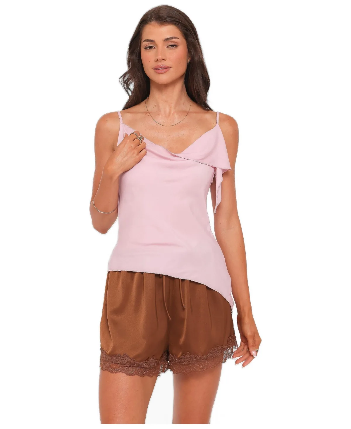 Devon Asymmetrical Cowl Neck Satin Top by Petal and Pup