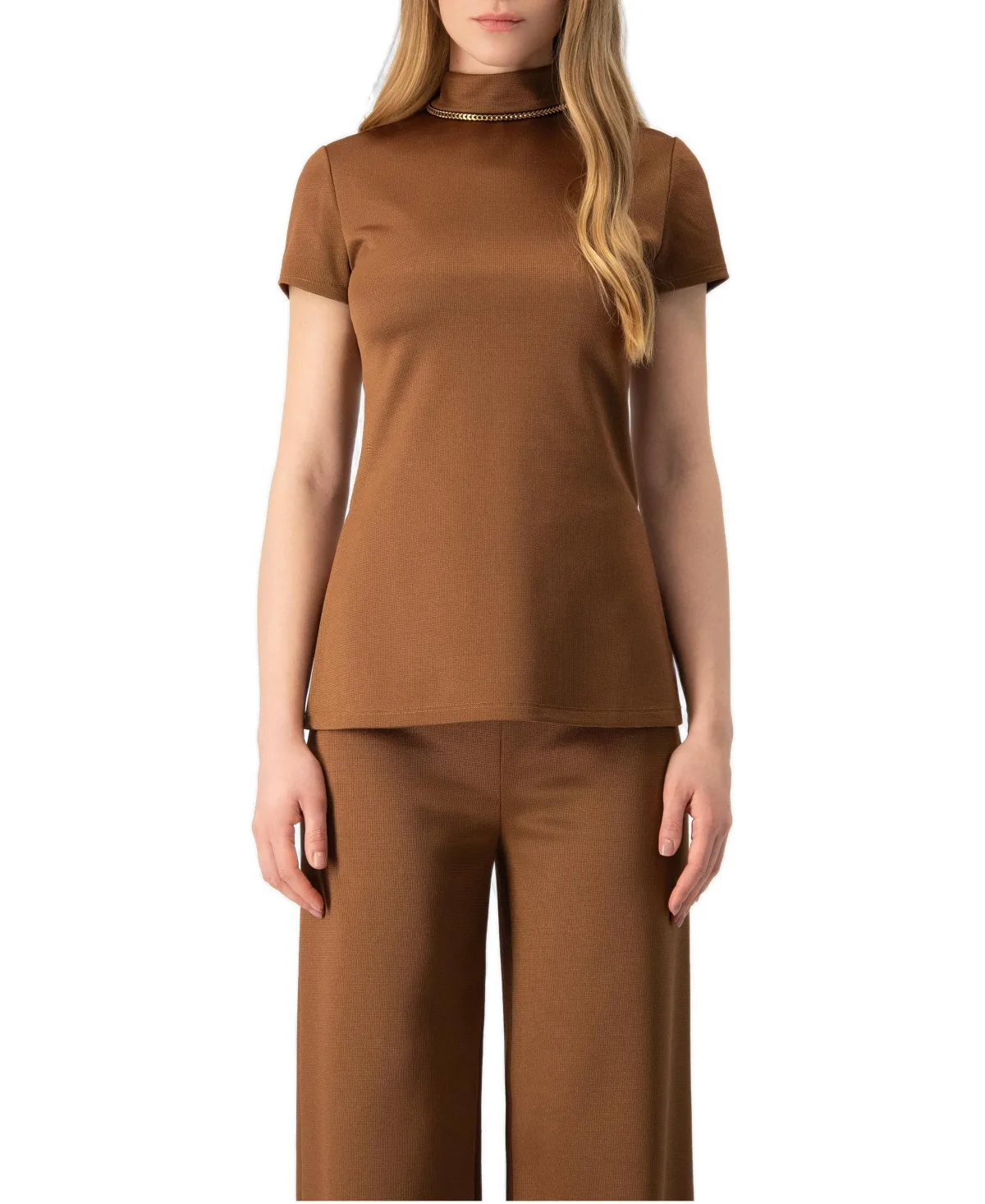 Side-Slit High-Neck Short Sleeve Blouse by Ivonne