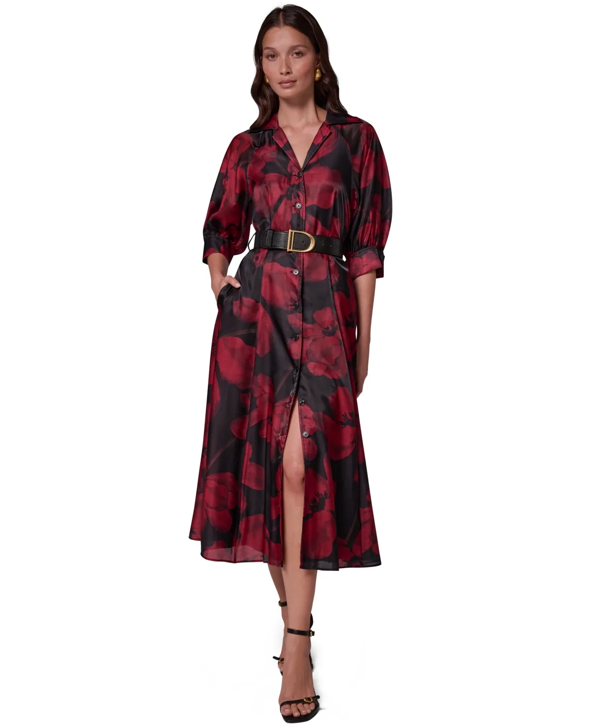 Floral-Print 3/4-Sleeve Midi Shirtdress by Donna Karan New York