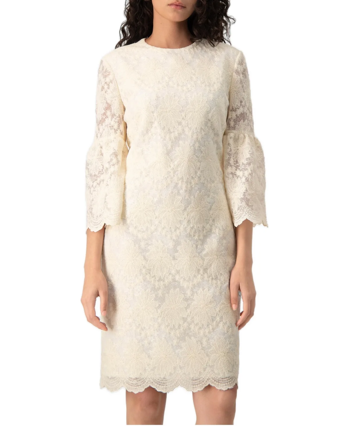 Floral-Print Lace 3/4 Bell-Sleeve Mini Dress by Ivonne