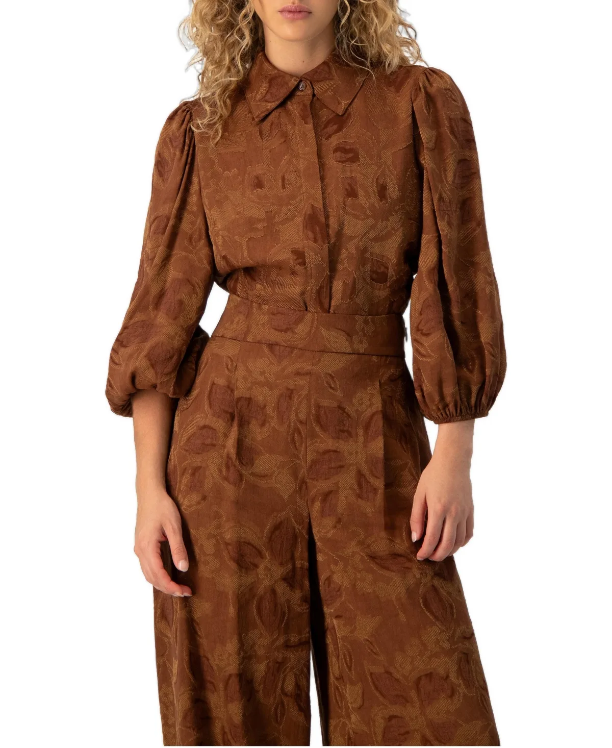 Floral Jacquard Puff-Sleeve Button-Down Collared Shirt by Ivonne