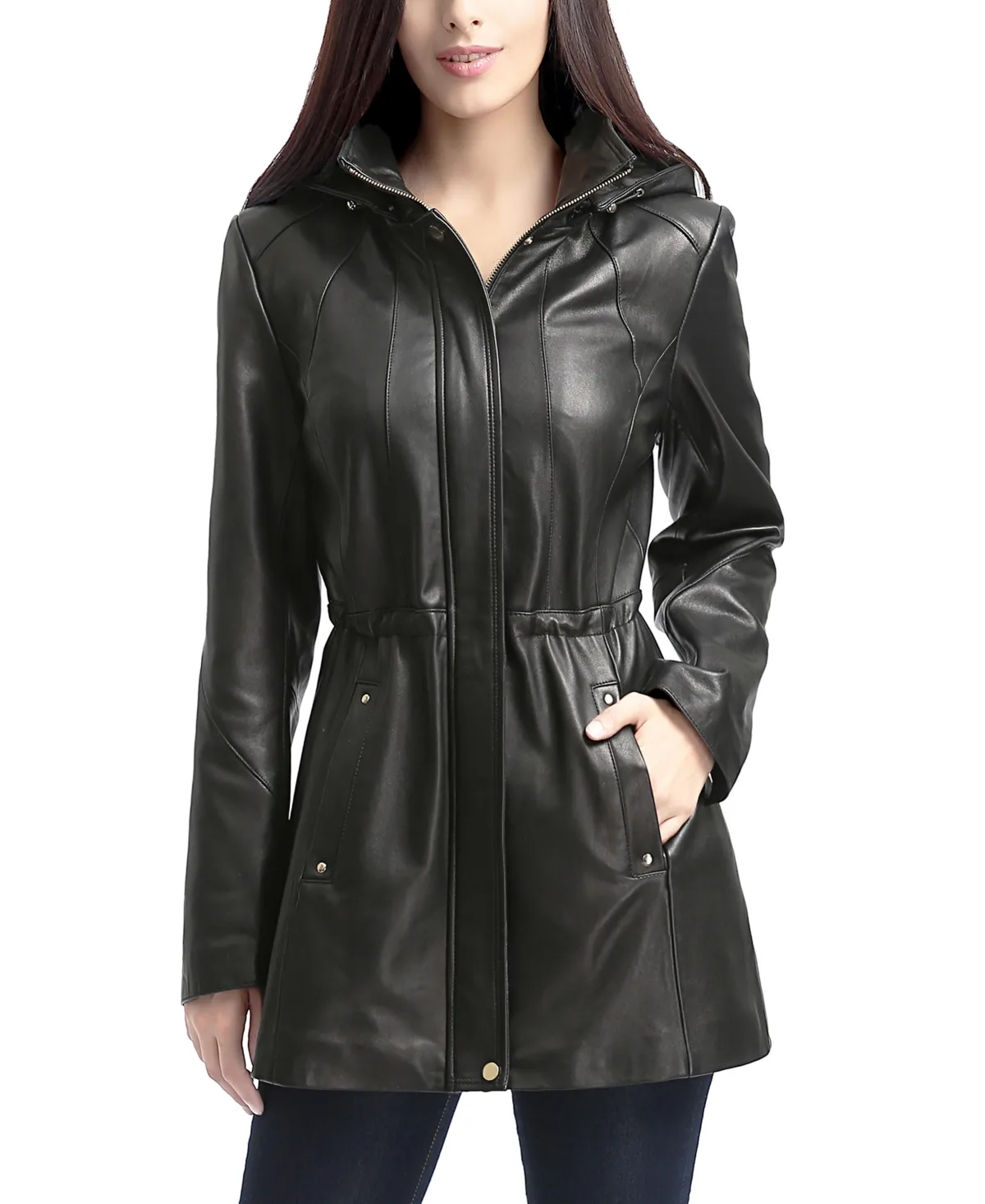 Natalie Hooded Drawstring-Waist Leather Parka by Bgsd